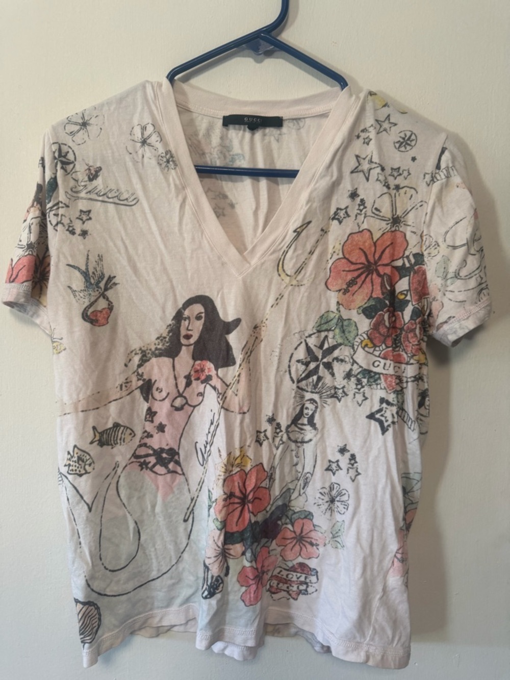 Gucci V-Neck Graphic Floral Mermaid Tee